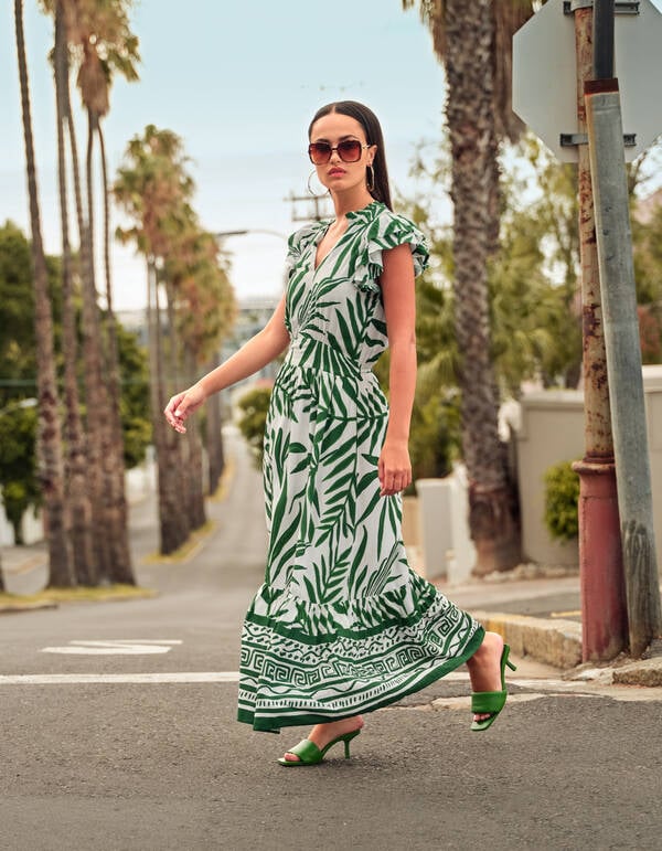 Printed Palm Maxi Jurk Groen SHOEBY WOMEN