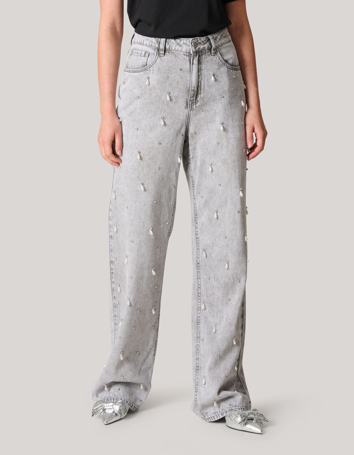 Embellished Straight Fit Jeans Lichtgrijs SHOEBY WOMEN