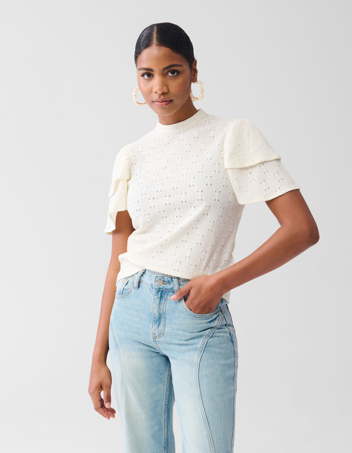 Ajour Ruffle Top Gebroken Wit SHOEBY WOMEN