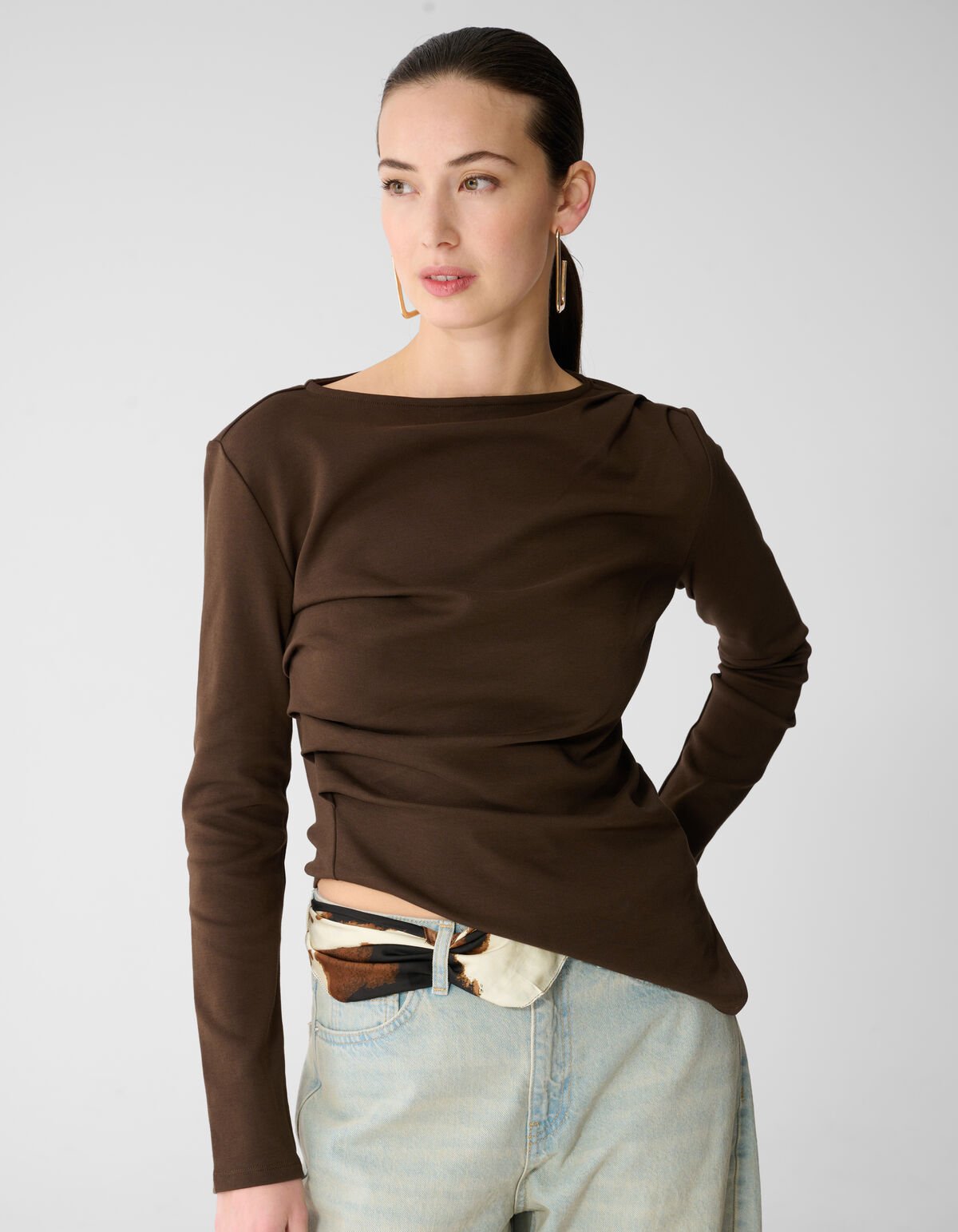 Drape Longsleeve Top Donkerbruin SHOEBY WOMEN