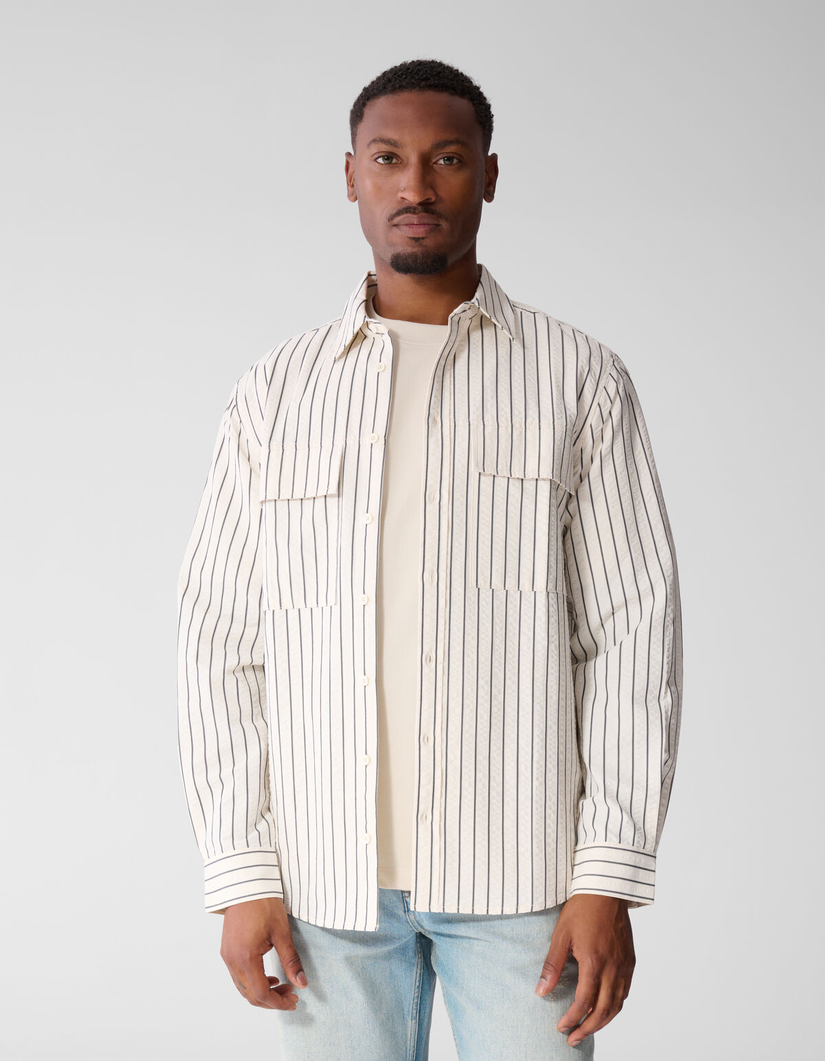 Seersucker Pinstripe Overshirt Gebroken Wit SHOEBY MEN