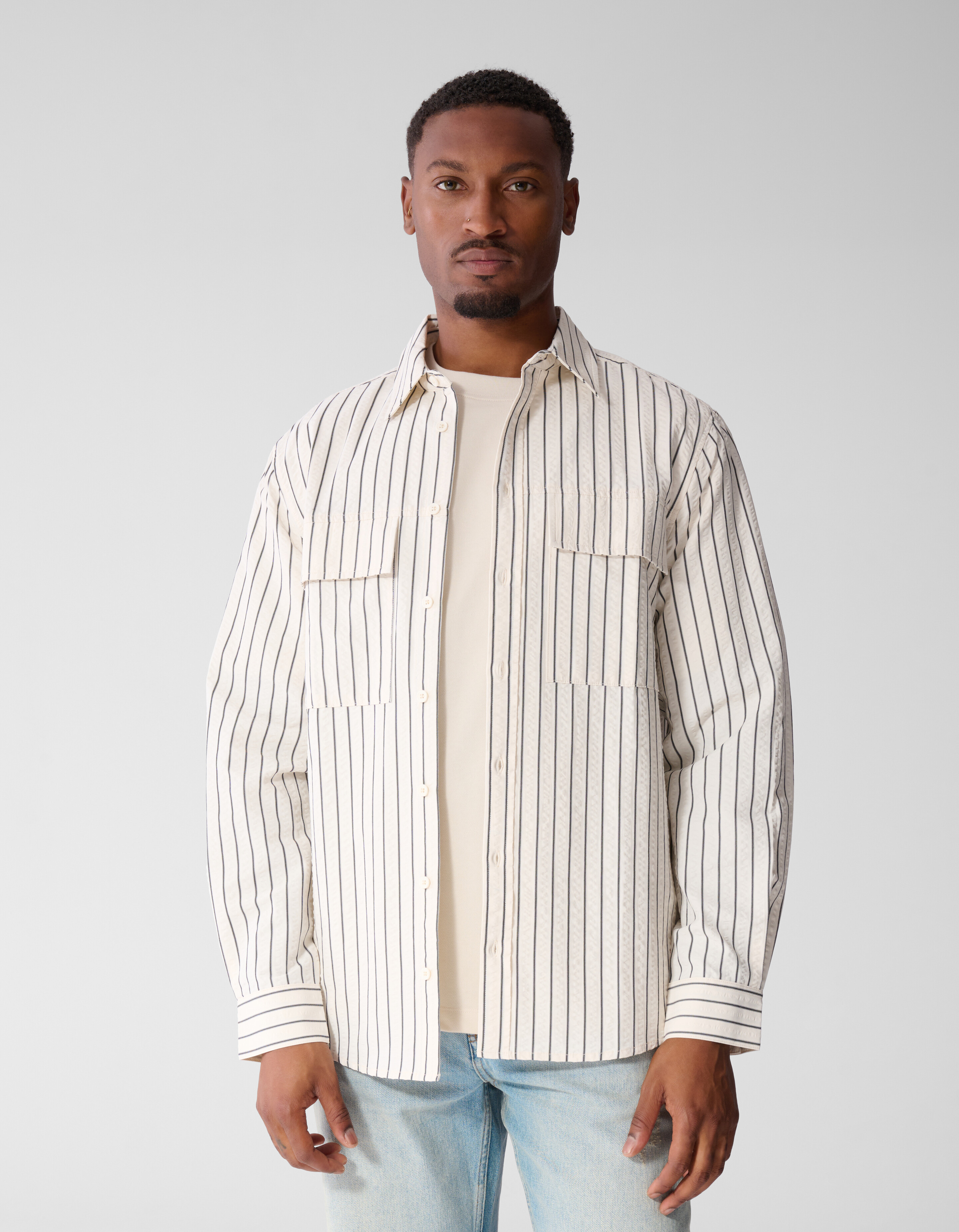 Seersucker Pinstripe Overshirt Gebroken Wit SHOEBY MEN