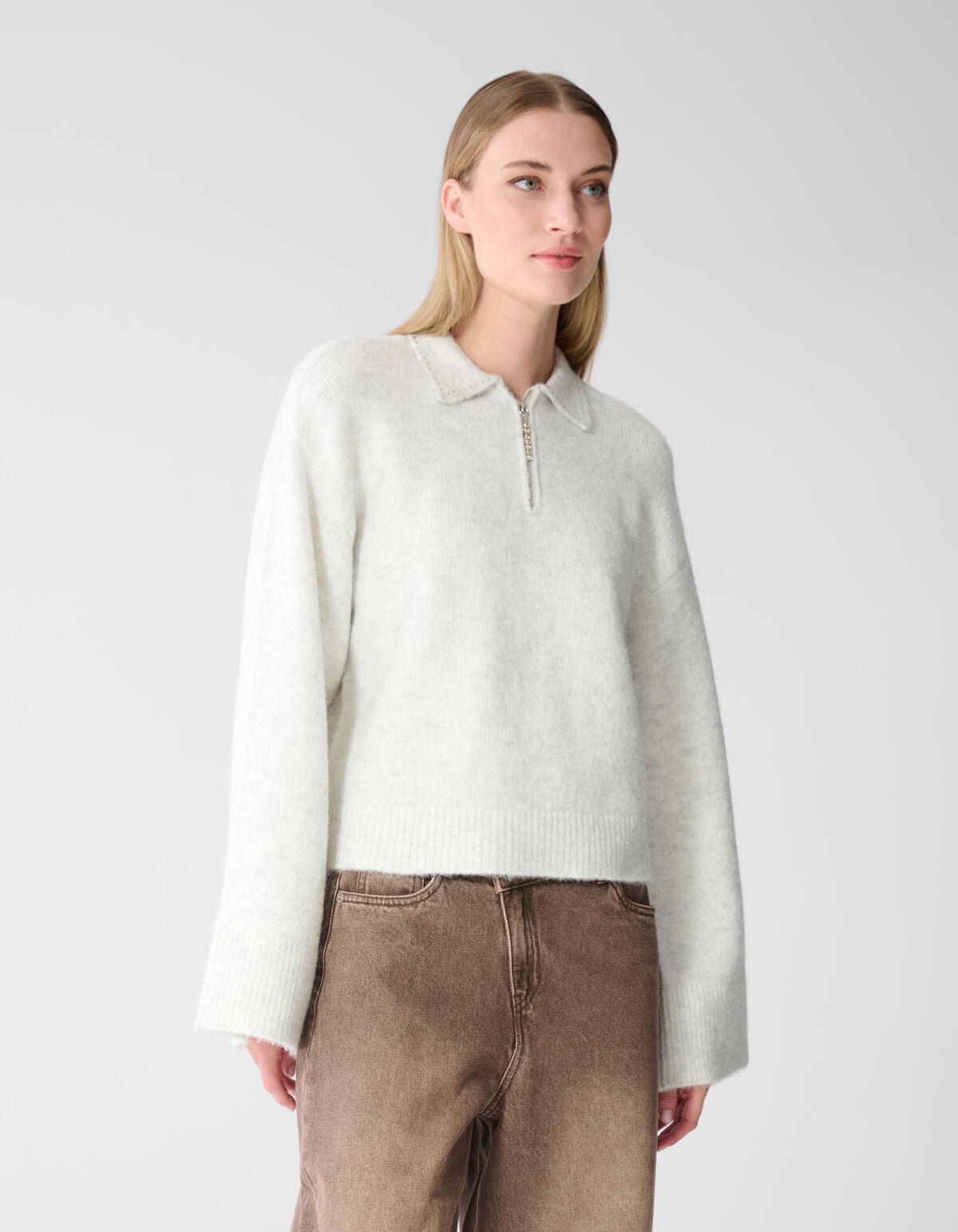 Zip Polo Gebreide Trui Lichtgrijs SHOEBY WOMEN