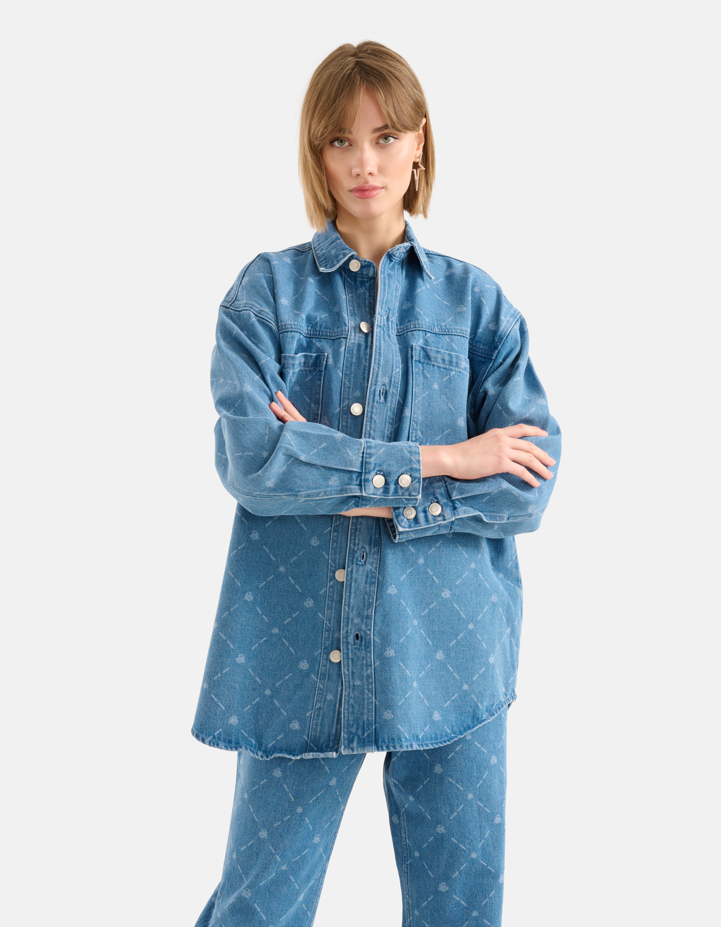 Printed Denim Blouse Blauw SHOEBY WOMEN