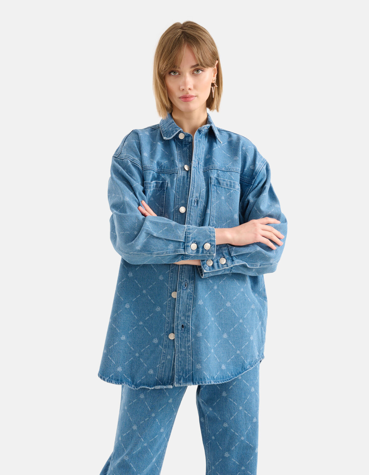 Printed Denim Blouse Blauw SHOEBY WOMEN