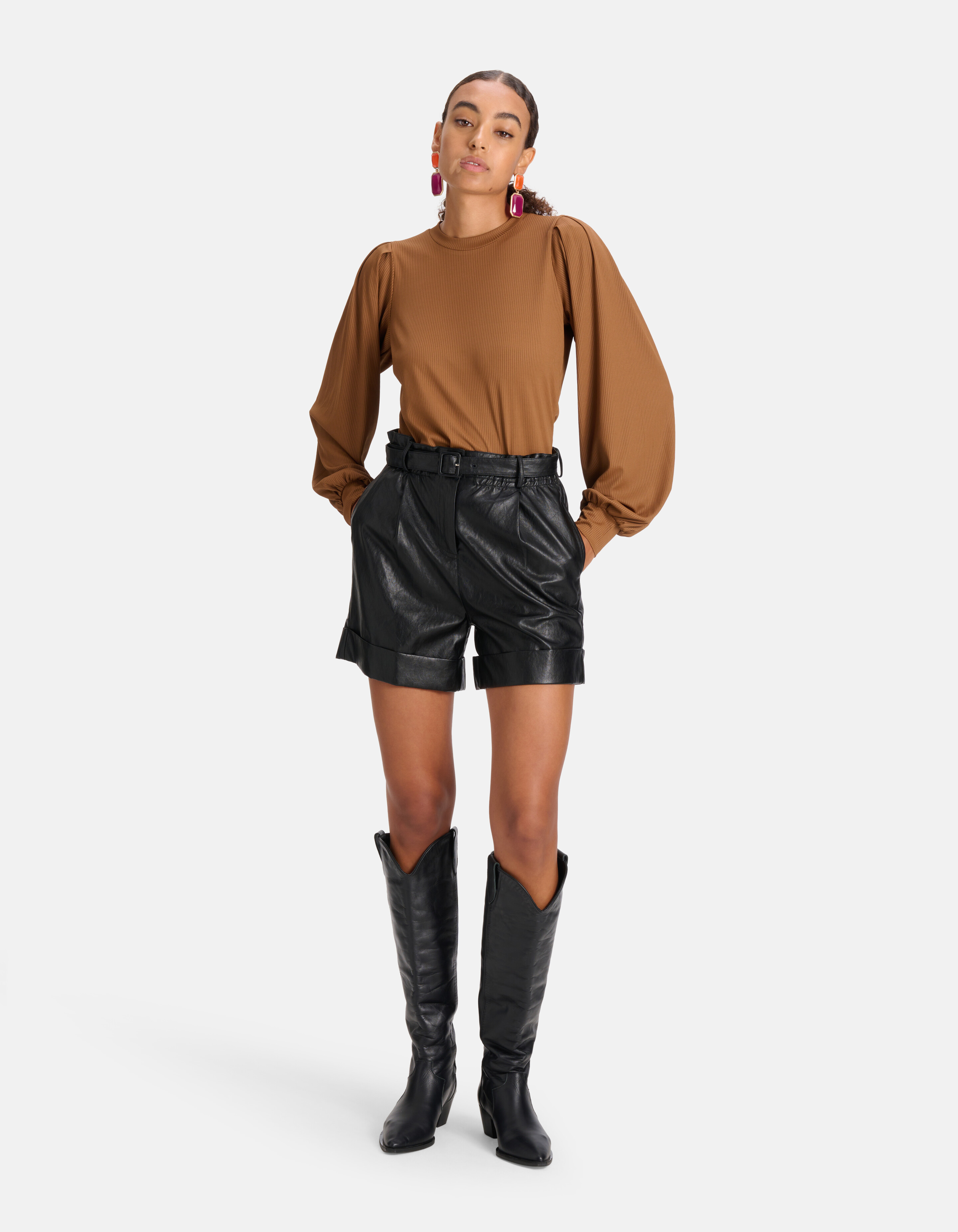 Rib Jersey Lange Mouwen T-shirt Bruin SHOEBY WOMEN
