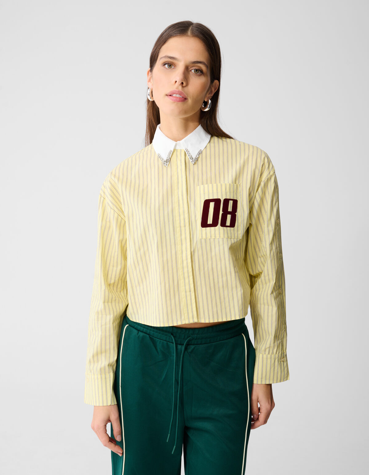 Cropped Strass Collar Blouse Lichtgeel SHOEBY WOMEN