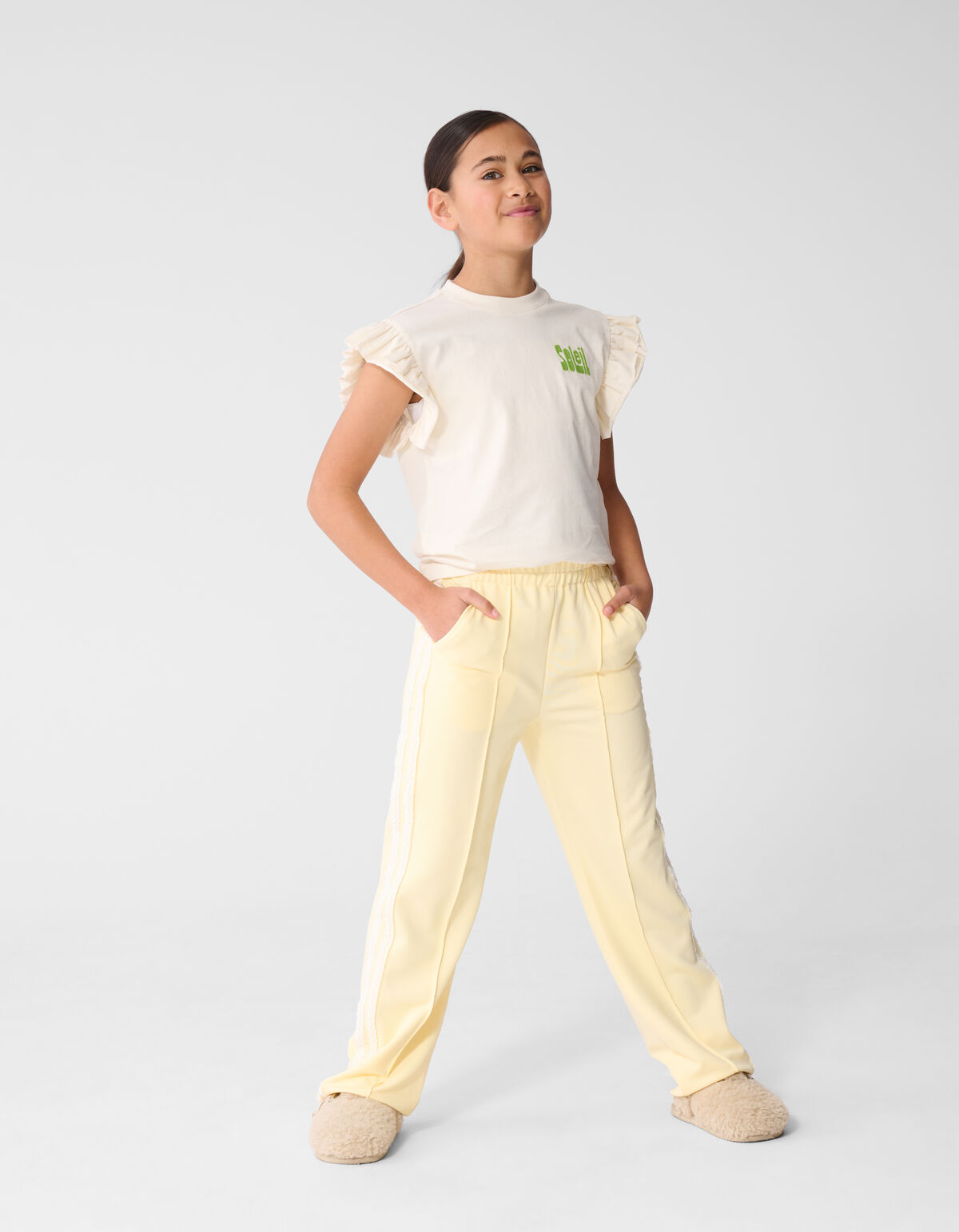 Sporty Wide Leg Broek Lichtgeel SHOEBY GIRLS