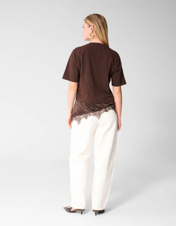Kanten Satijnen T-shirt Bruin SHOEBY WOMEN