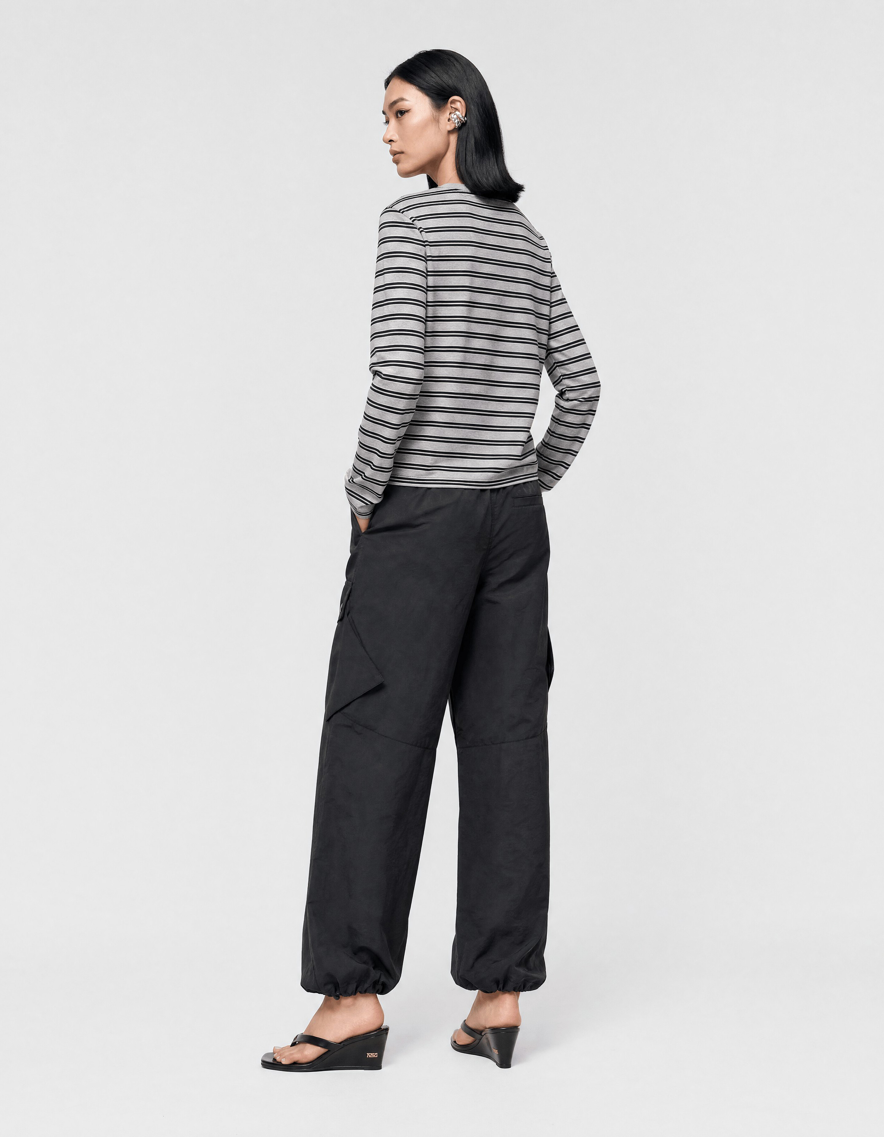 Shoulder Stripe Longsleeve T-shirt Grijs/Zwart SHOEBY WOMEN