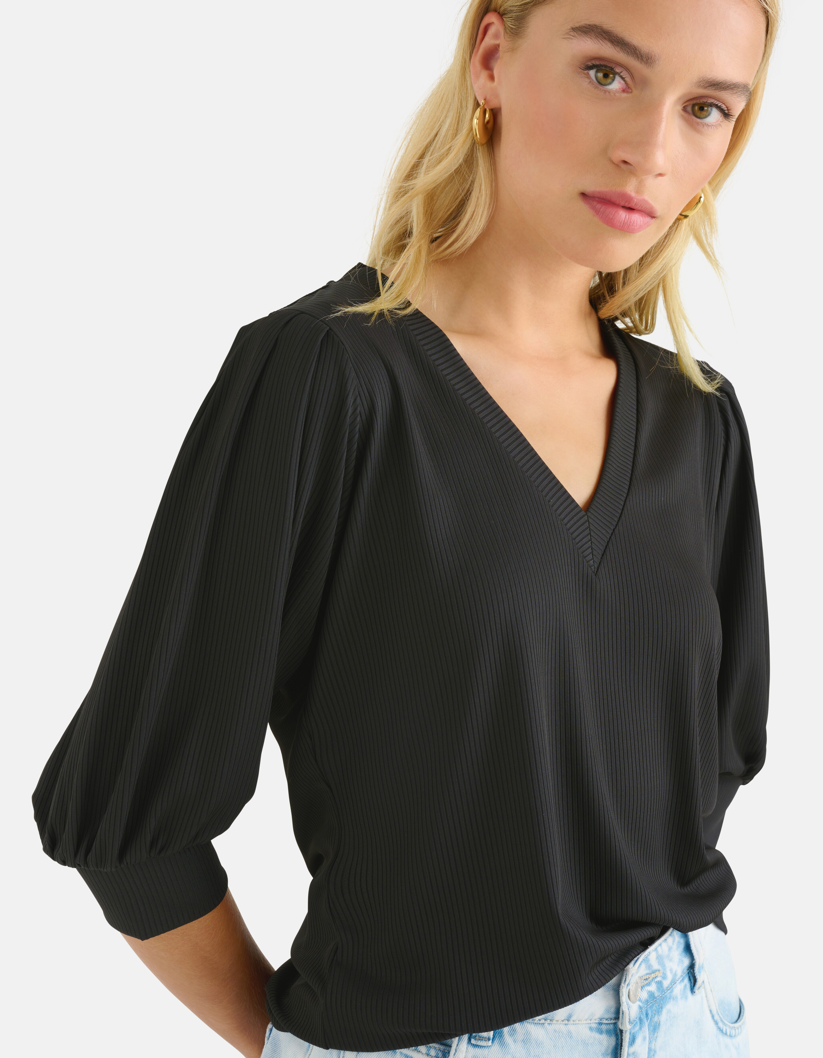 Rib V-hals Top Zwart SHOEBY WOMEN