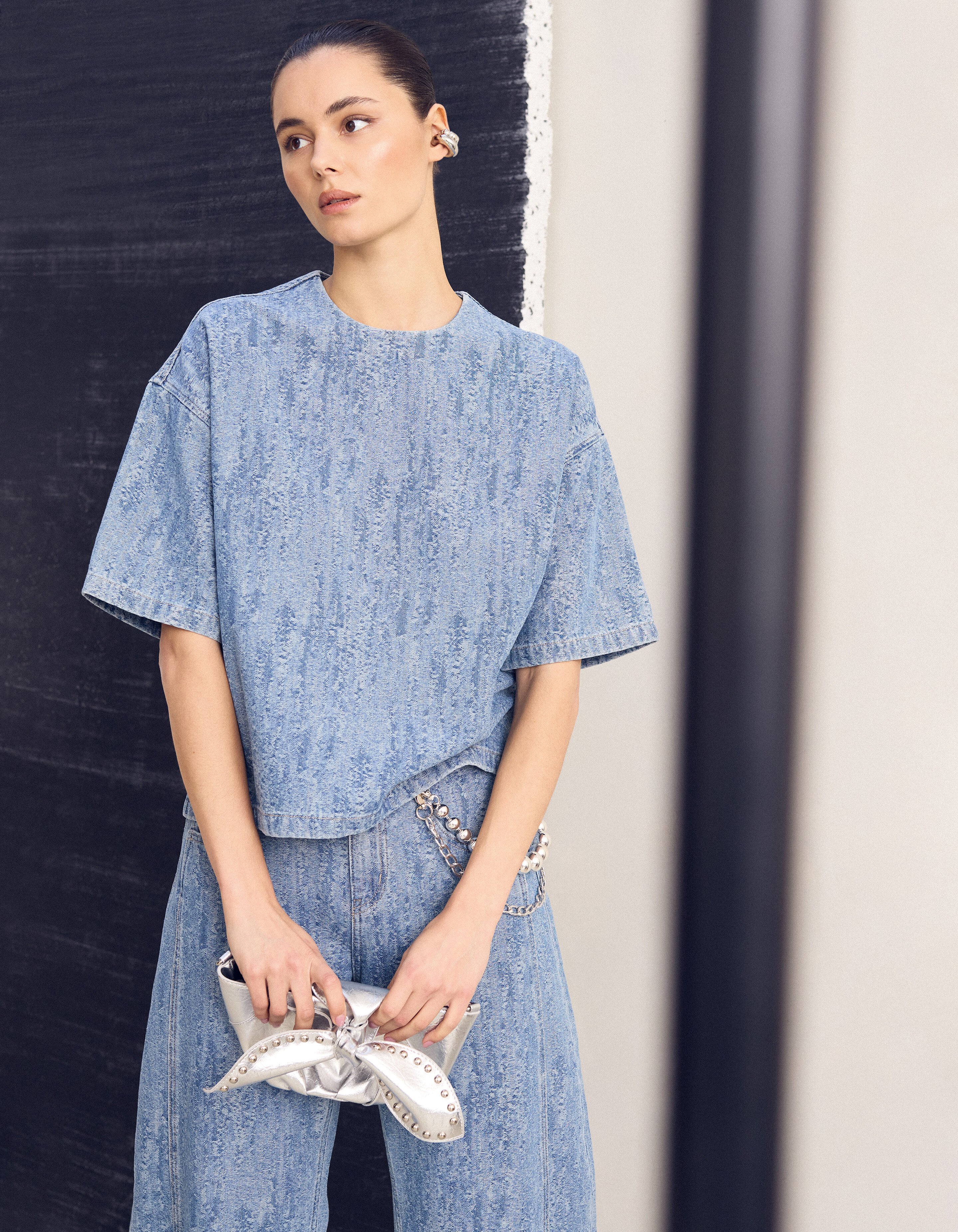 Oversized Jacquard Denim T-shirt Blauw SHOEBY WOMEN