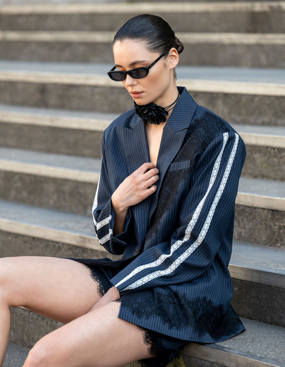 Oversized Kanten Blazer Donkerblauw SHOEBY WOMEN