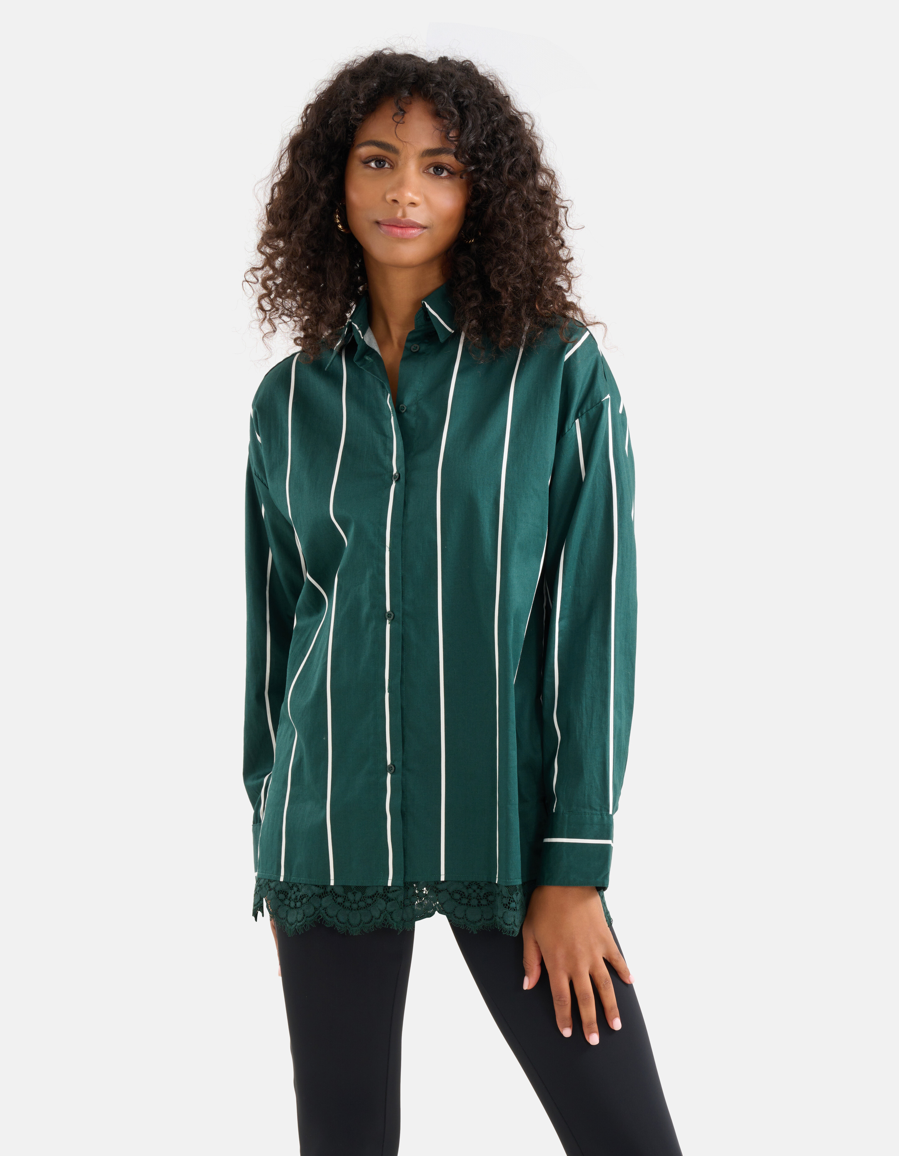 Kanten Pinstripe Blouse Donkergroen SHOEBY WOMEN