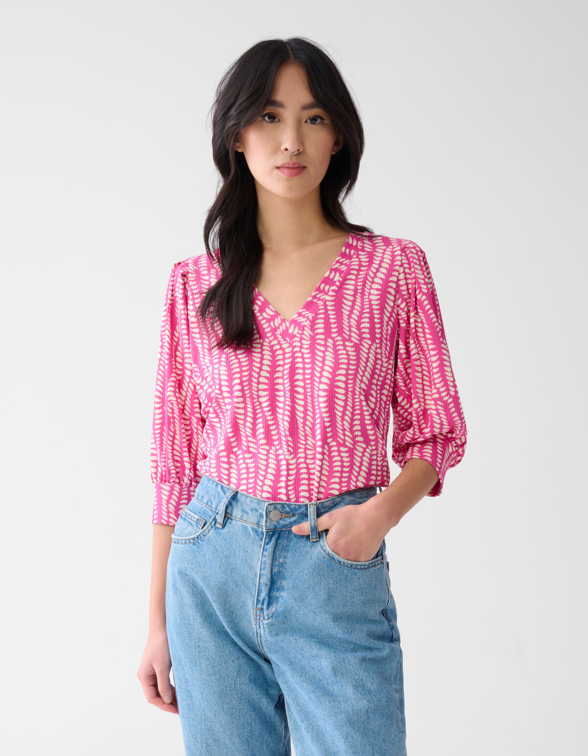 Printed Rib Jersey Top Roze SHOEBY WOMEN