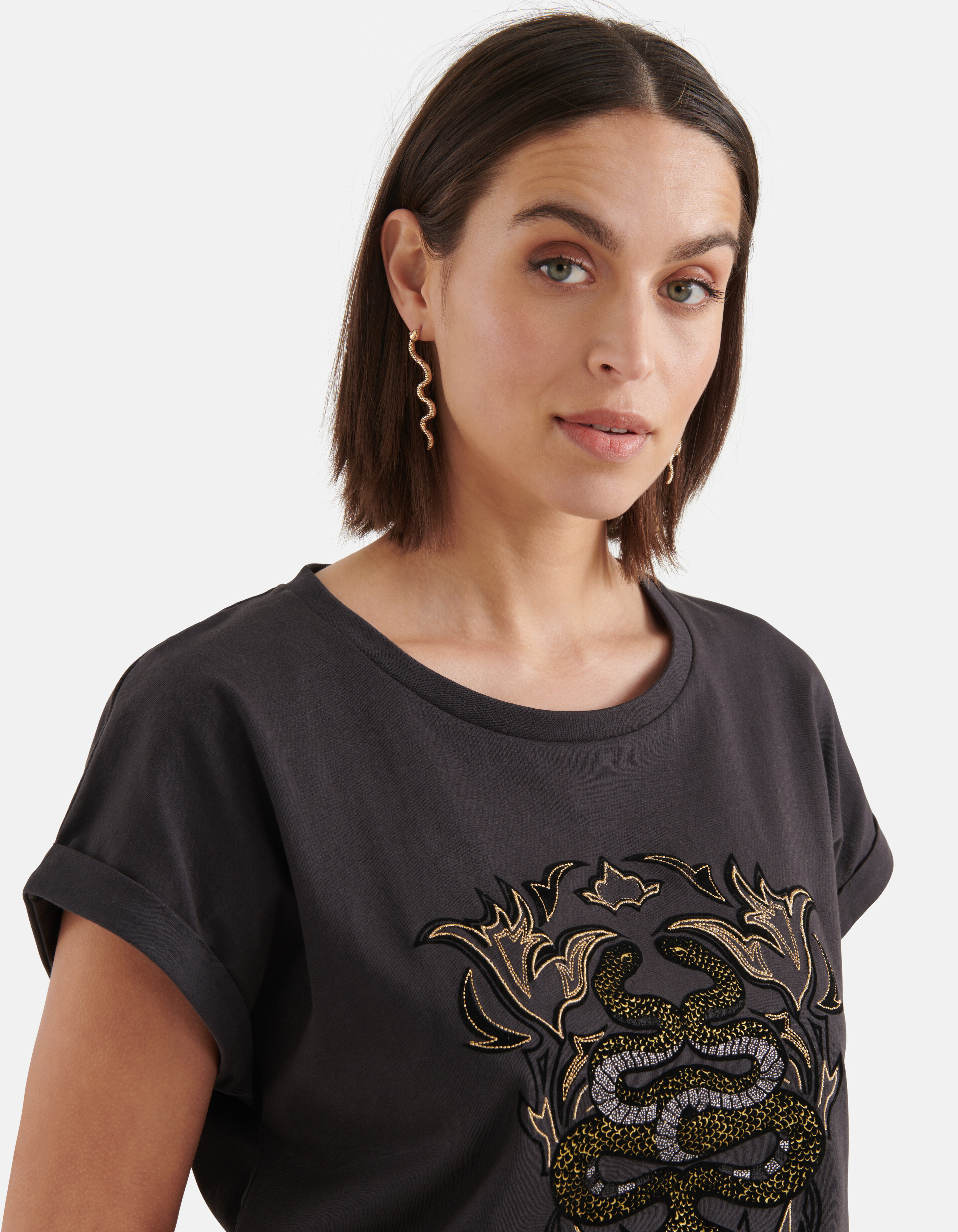 Slangen Embroidery Print T-shirt Donkergrijs SHOEBY WOMEN