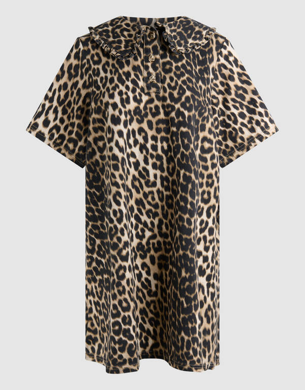 Denim Collar Leopard Midi Jurk Bruin SHOEBY WOMEN