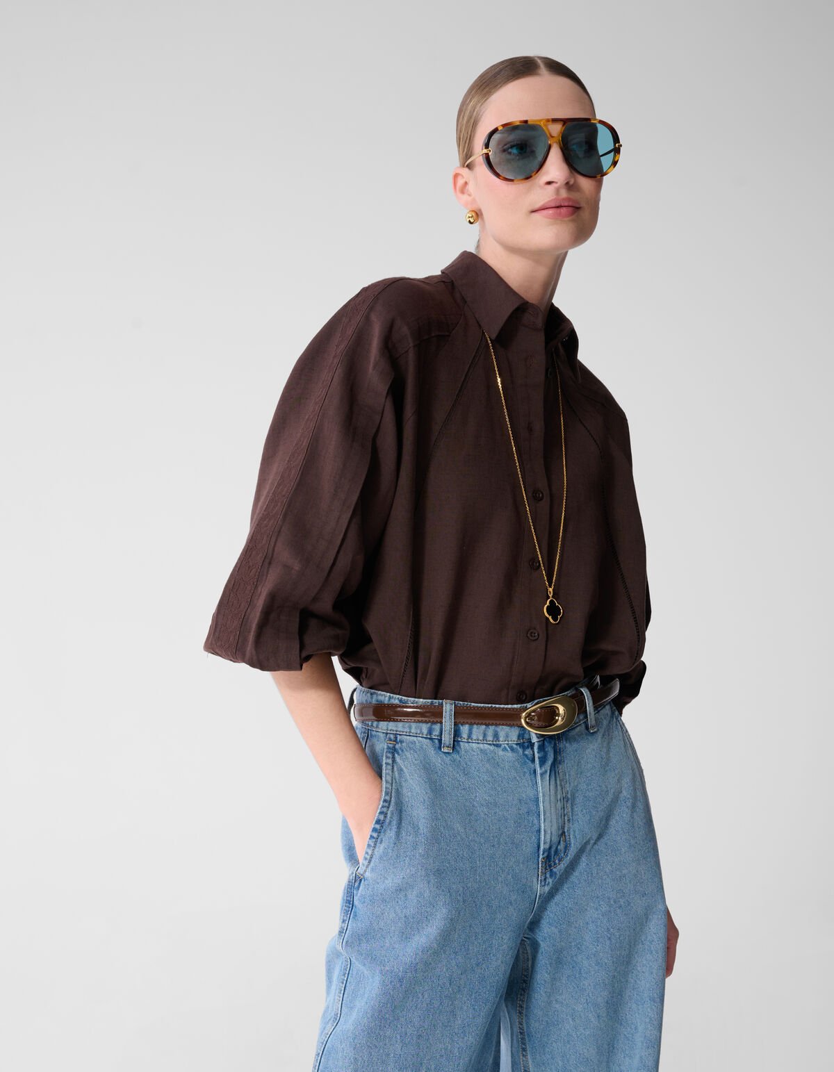 Pleated Embroidery Blouse Donkerbruin By Mieke SHOEBY WOMEN