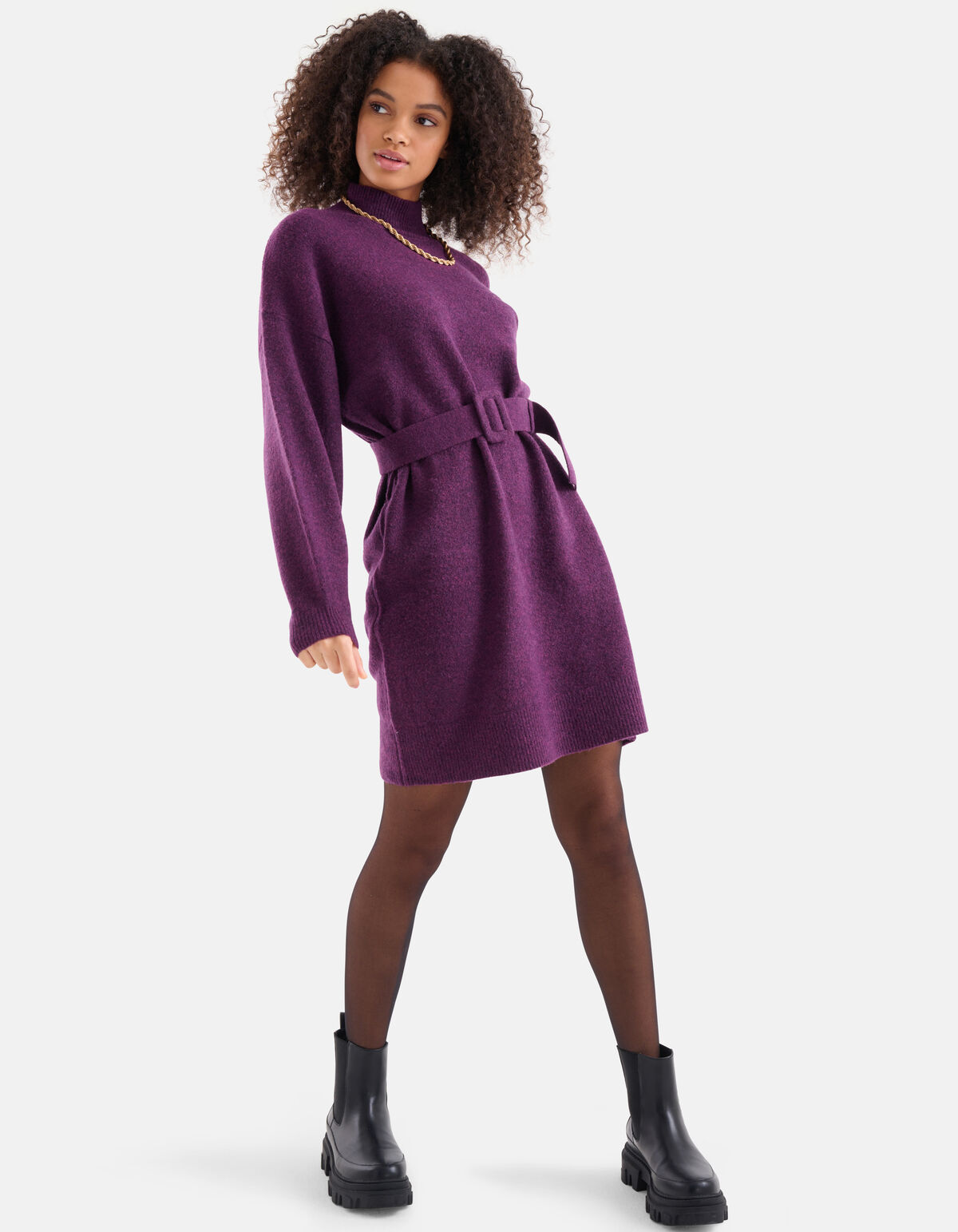 Trui Jurk Met Riem Donkerpaars SHOEBY WOMEN