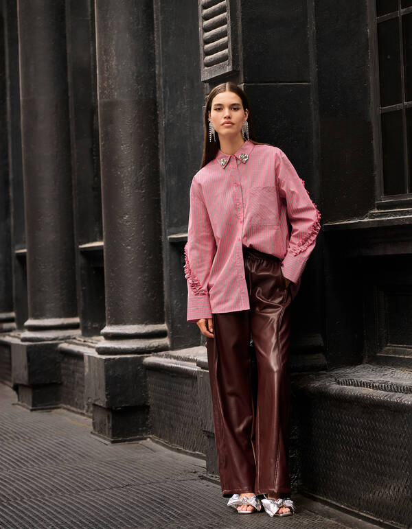 Vegan Leather Wide Leg Broek Donkerrood SHOEBY WOMEN