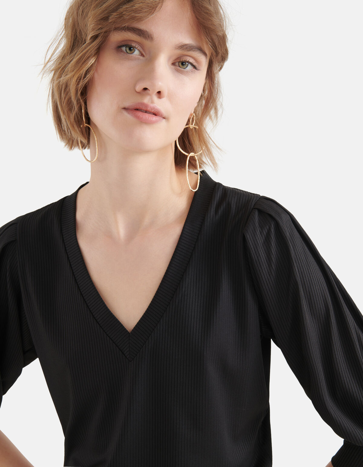 Rib V-hals Top Zwart SHOEBY WOMEN