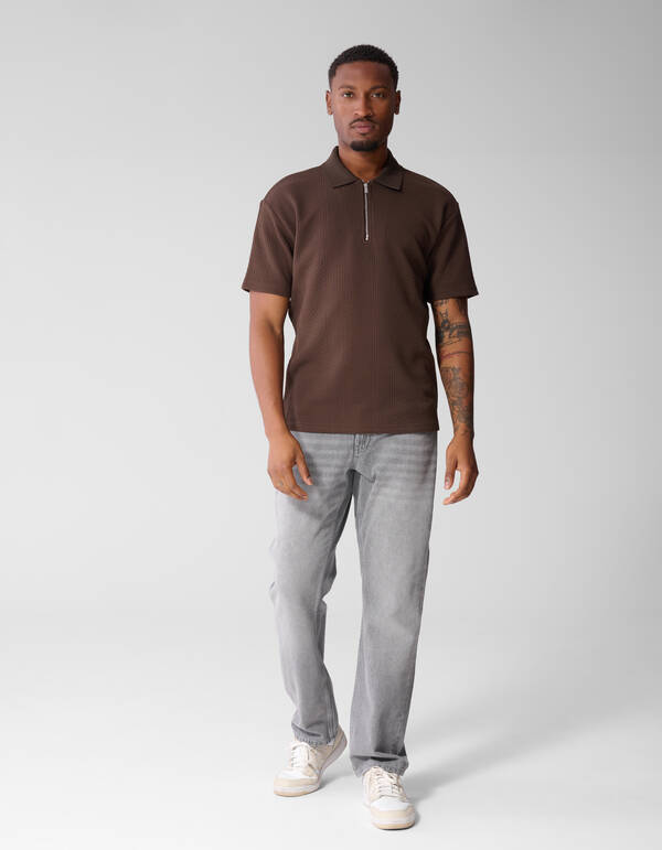 Stripe Structuur Zip Polo Donkerbruin SHOEBY MEN