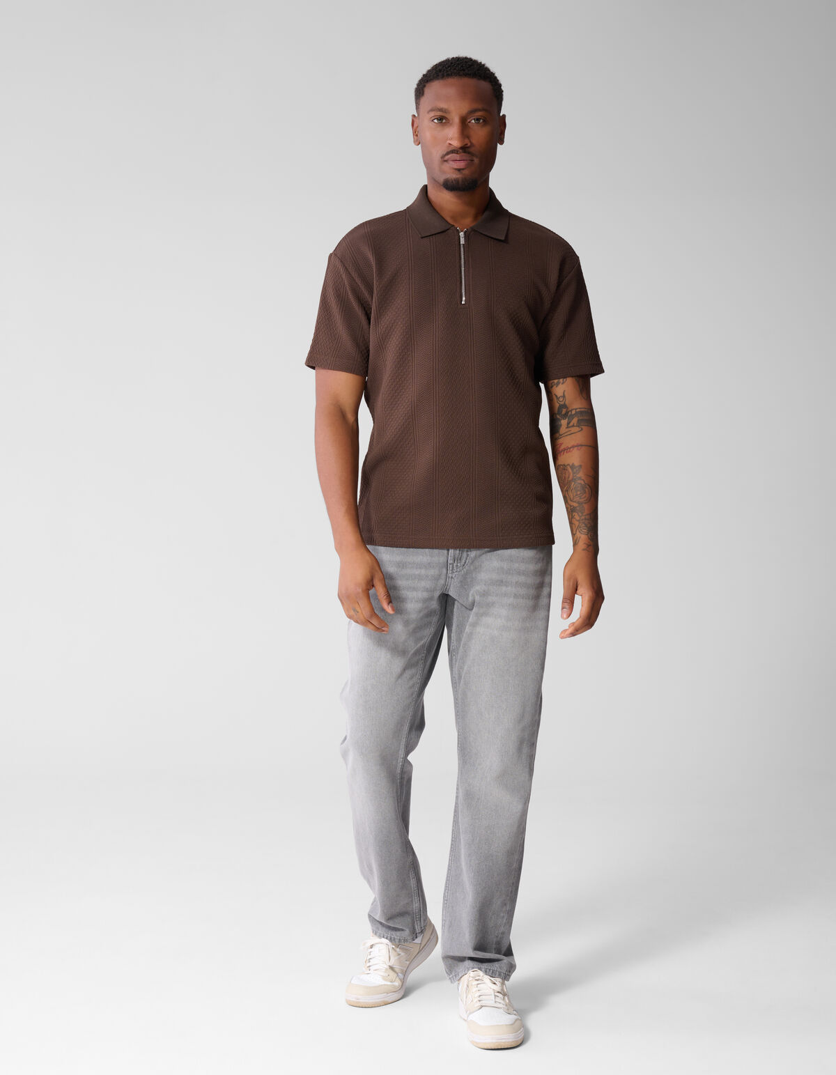 Stripe Structuur Zip Polo Donkerbruin SHOEBY MEN
