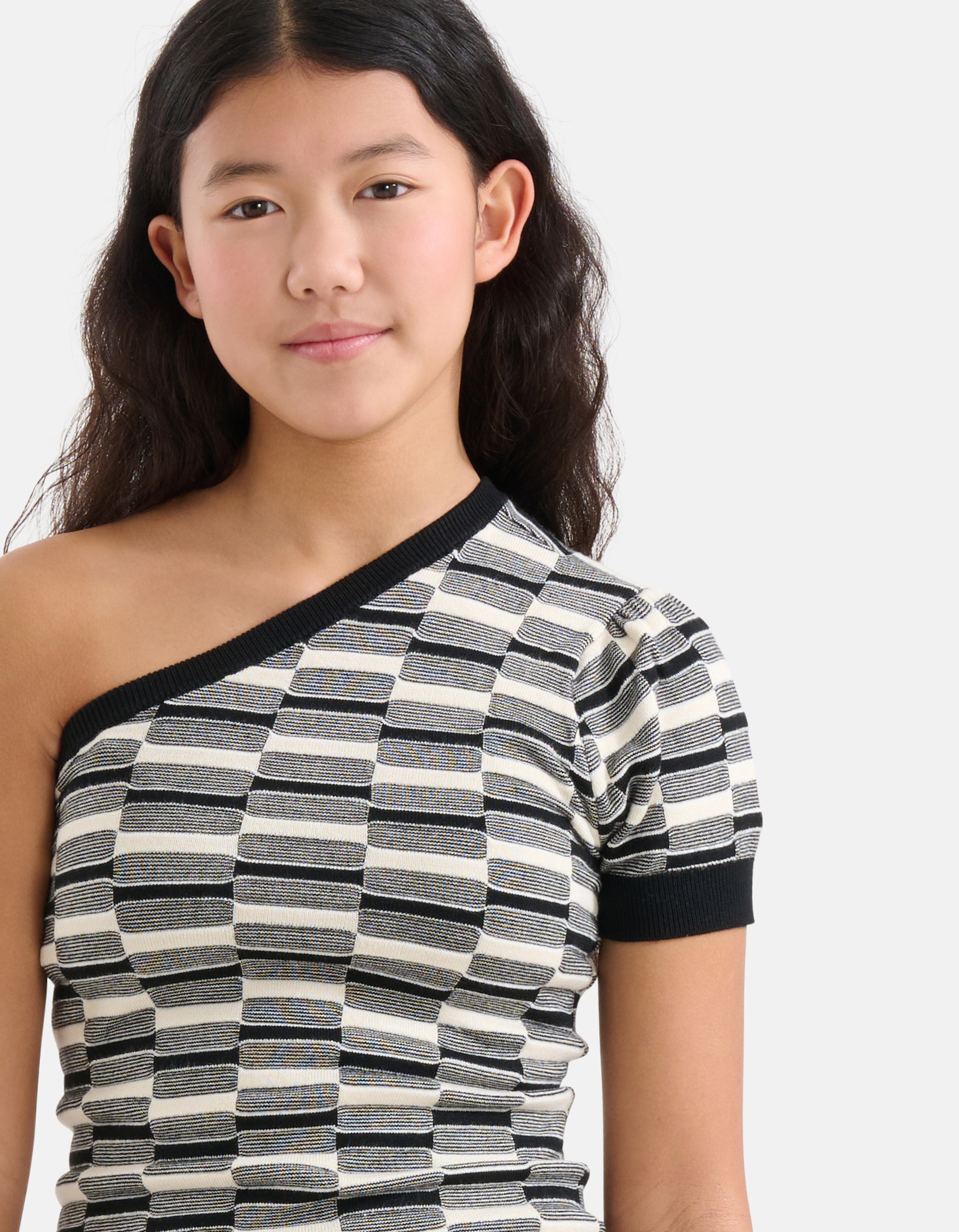 Gebreide One Shoulder Top Zwart/Wit SHOEBY GIRLS