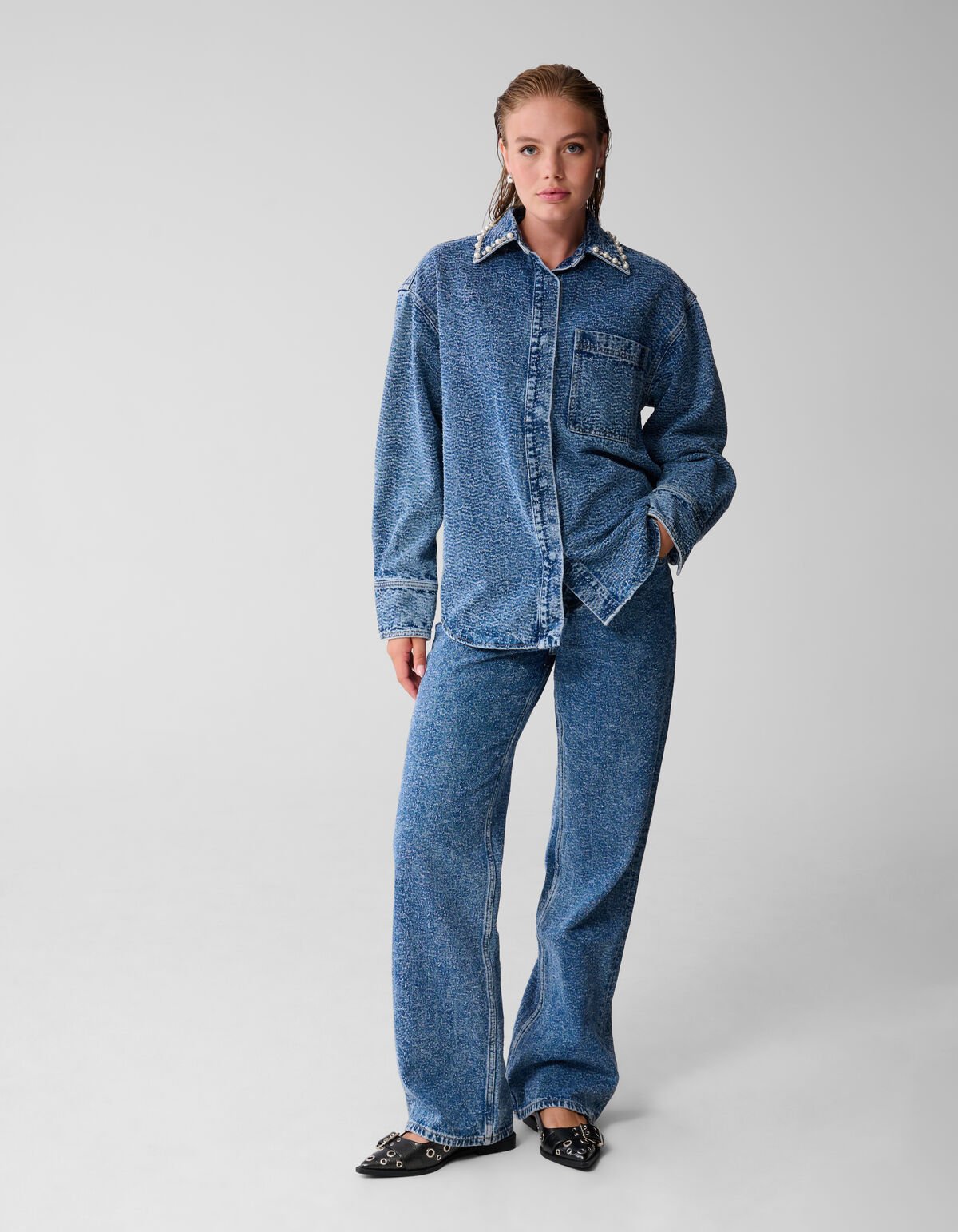 Structuur Denim Blouse Blauw SHOEBY WOMEN