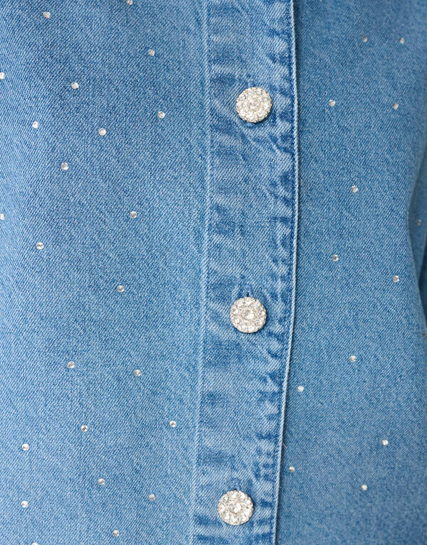 Oversized Fit Strass Denim Blouse Blauw SHOEBY WOMEN