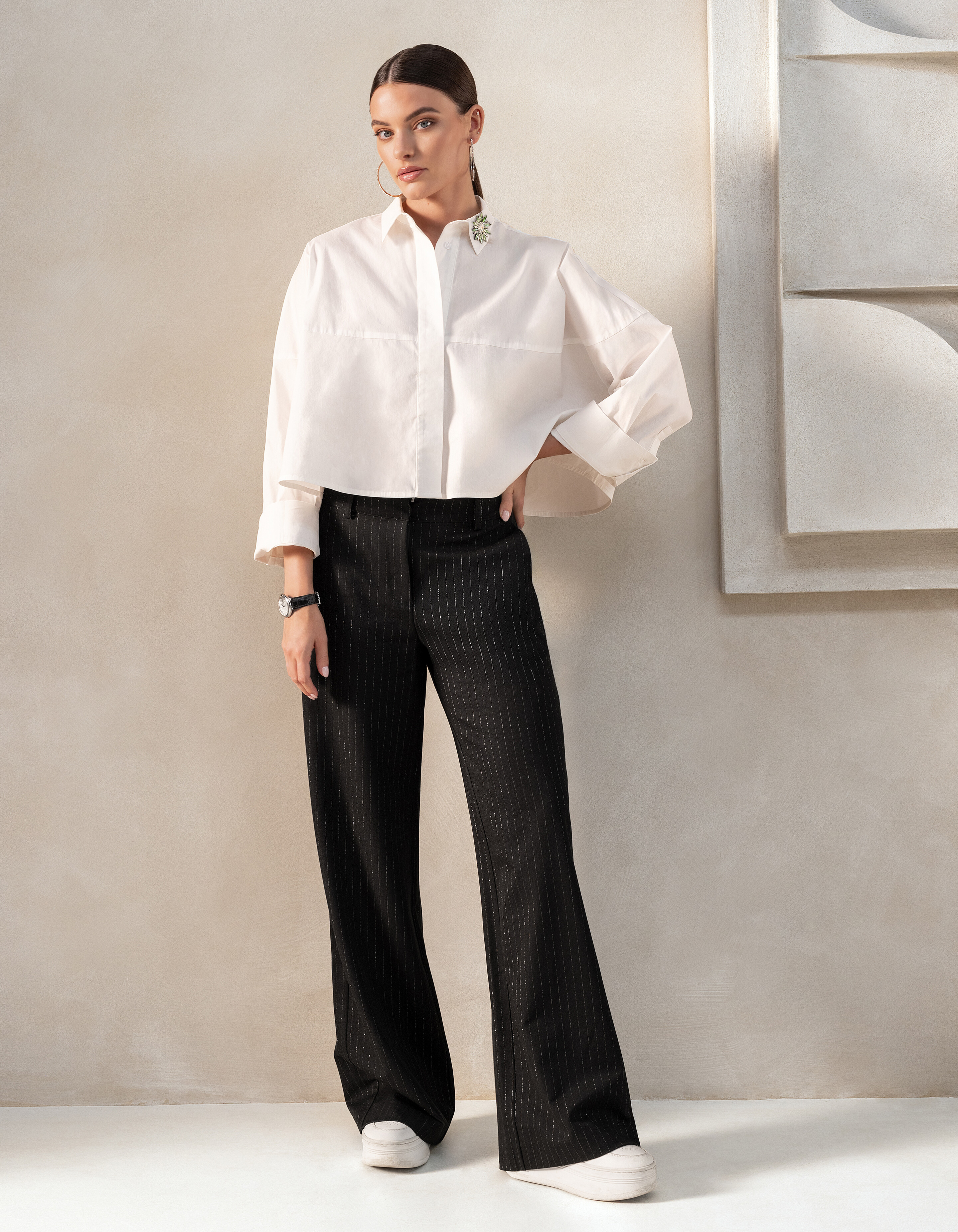 Lurex Pinstripe Wide Leg Pantalon Zwart By Mieke SHOEBY WOMEN