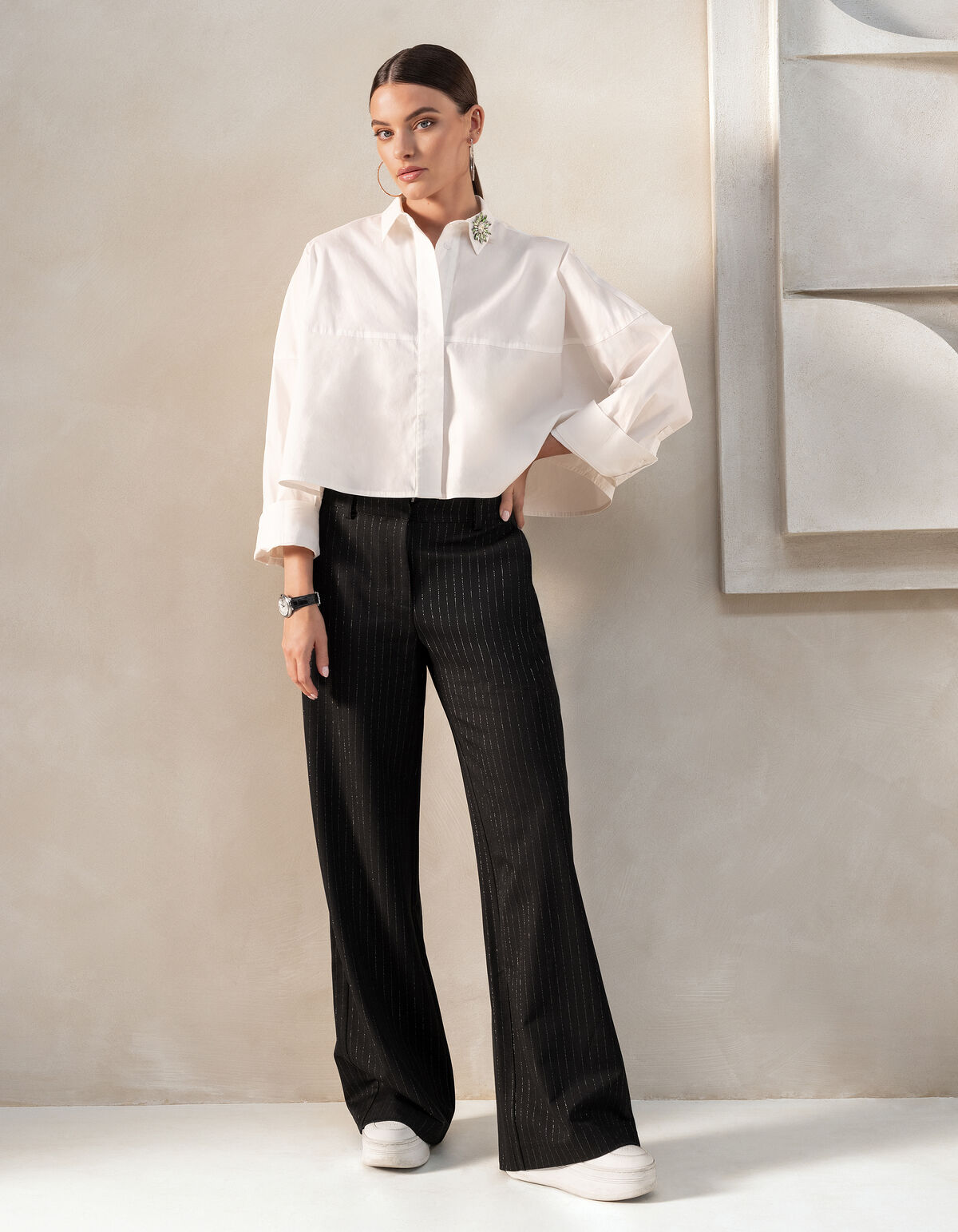 Lurex Pinstripe Wide Leg Pantalon Zwart By Mieke SHOEBY WOMEN
