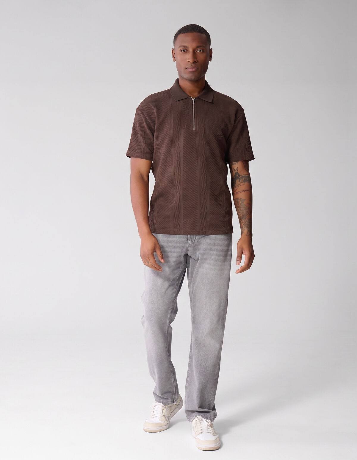 Stripe Structuur Zip Polo Donkerbruin SHOEBY MEN
