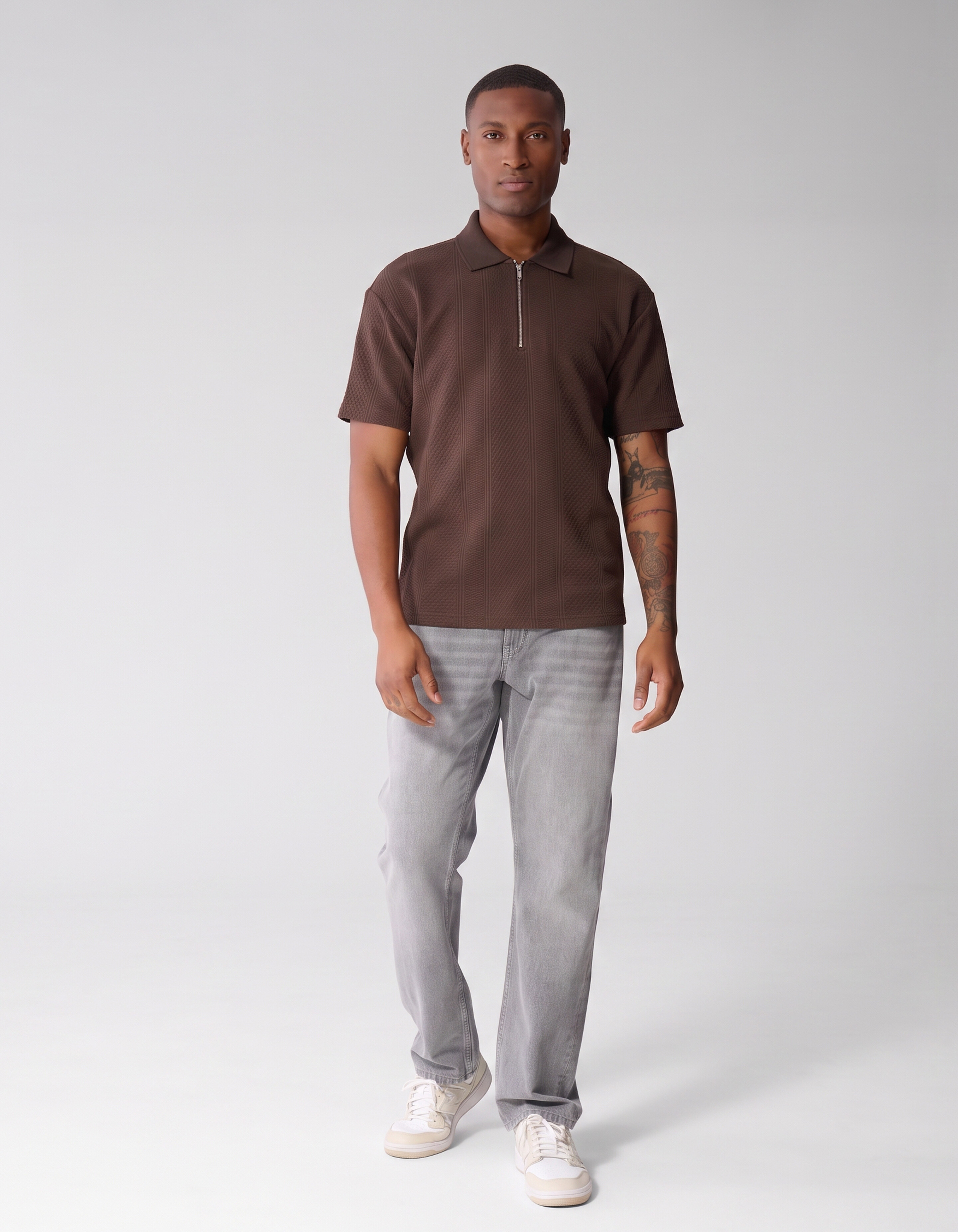 Stripe Structuur Zip Polo Donkerbruin SHOEBY MEN