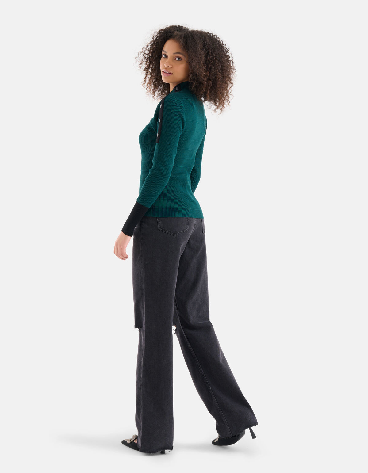 Knopen Detail Pullover Donkergroen SHOEBY WOMEN