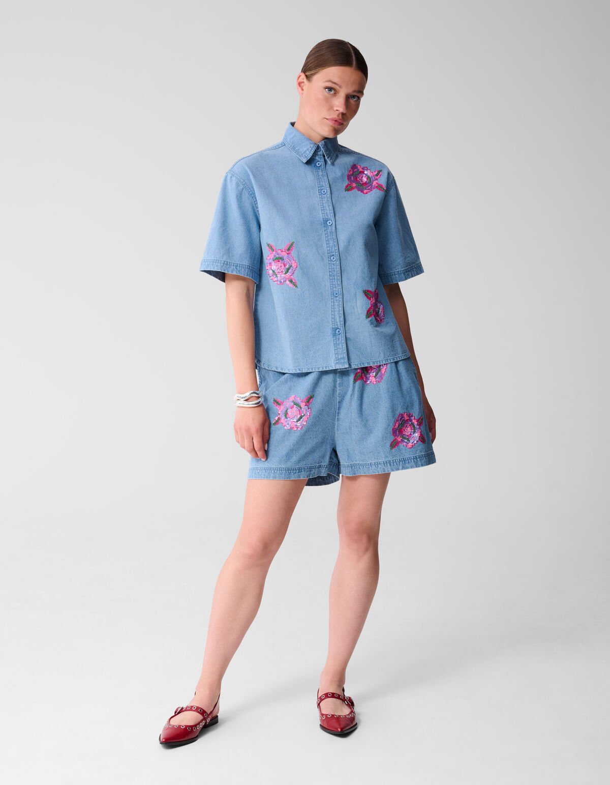 Oversized Denim Sequin Blouse Blauw SHOEBY WOMEN