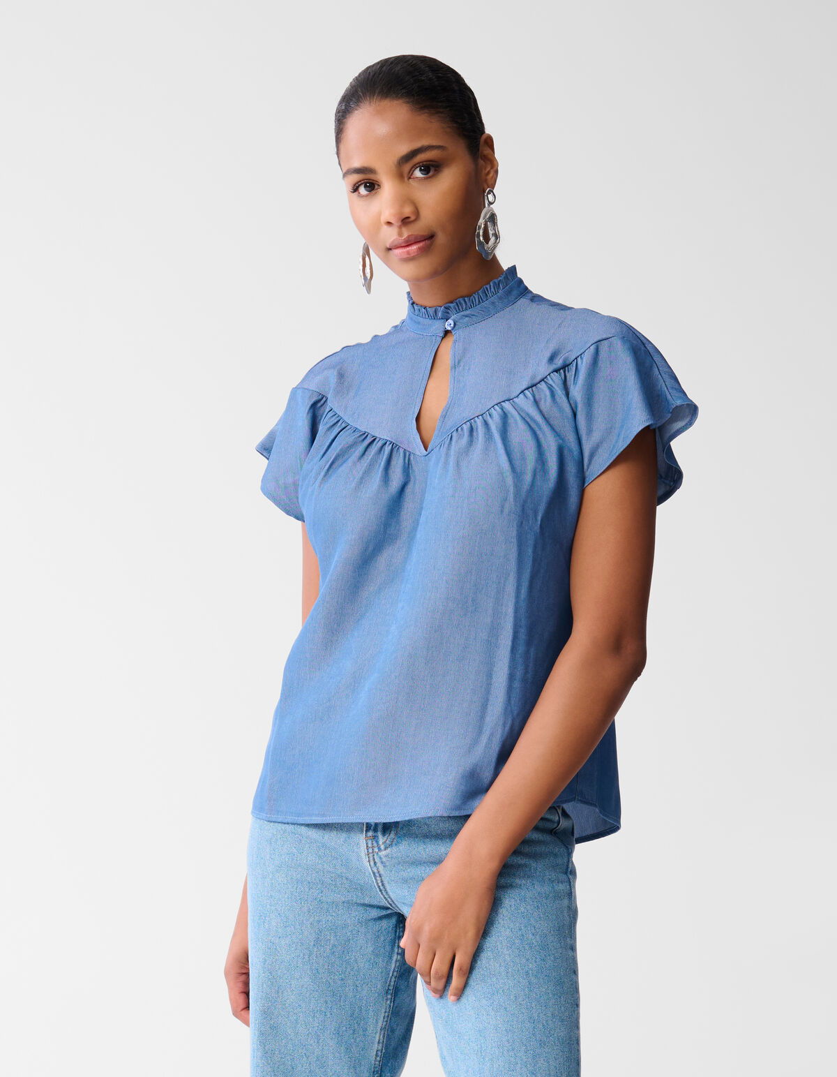 Tencel Ruffle Top Blauw SHOEBY WOMEN