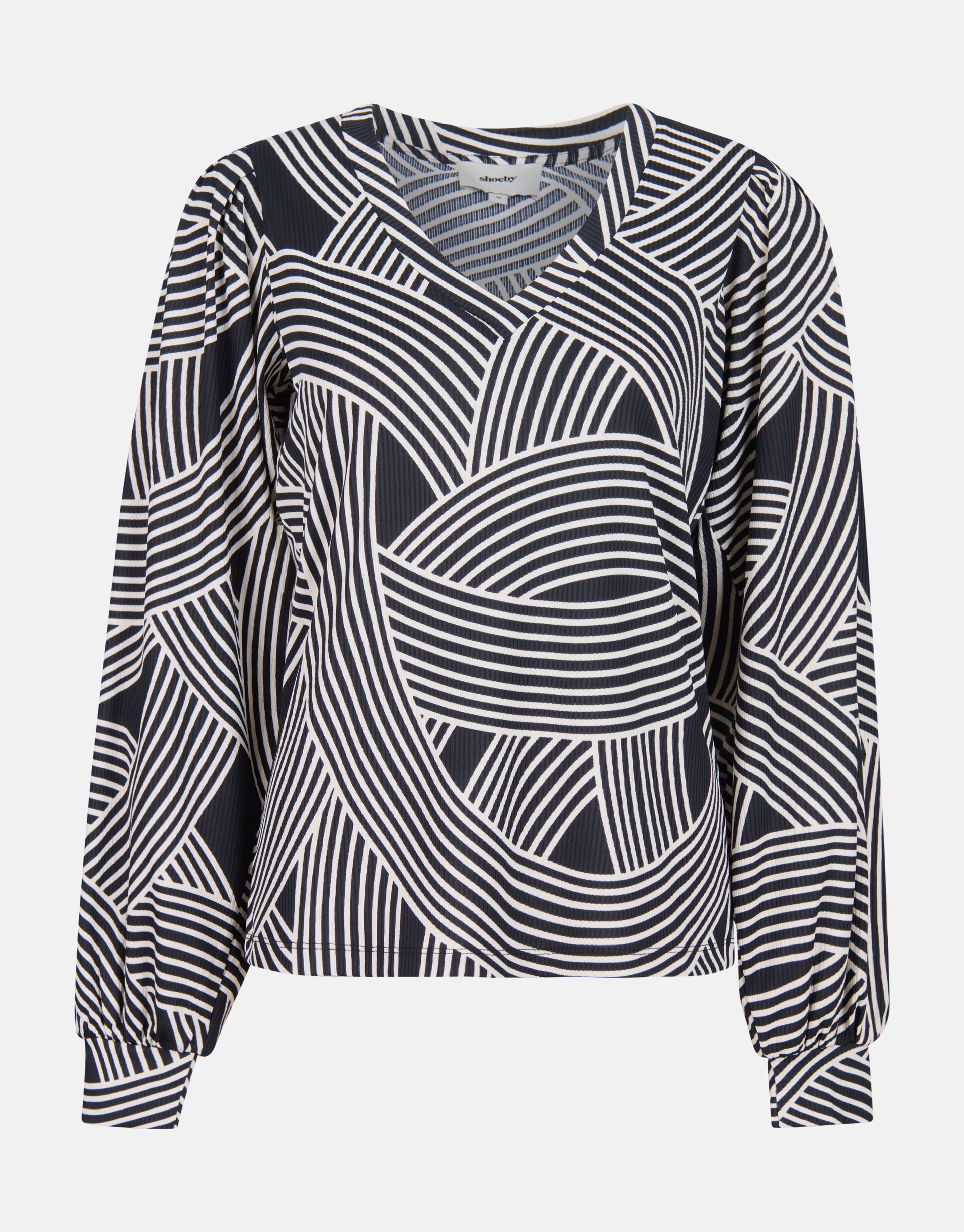 Printed Rib Jersey V-hals Longsleeve Zwart SHOEBY WOMEN