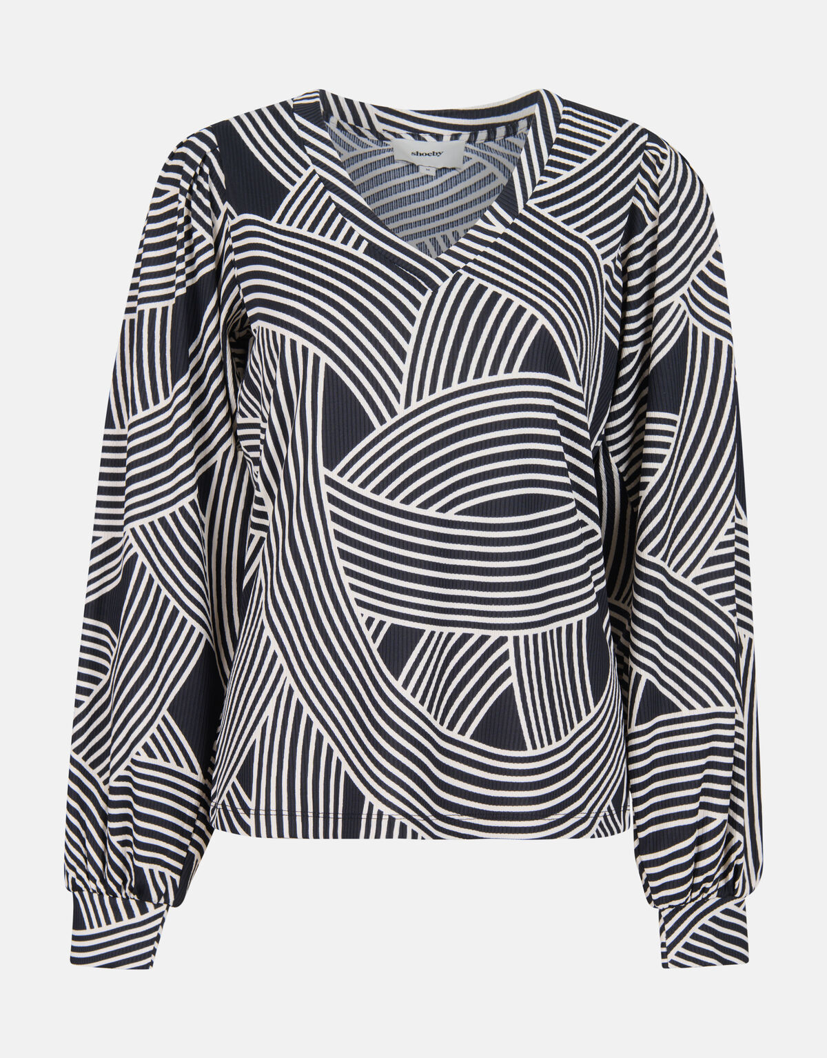 Printed Rib Jersey V-hals Longsleeve Zwart SHOEBY WOMEN