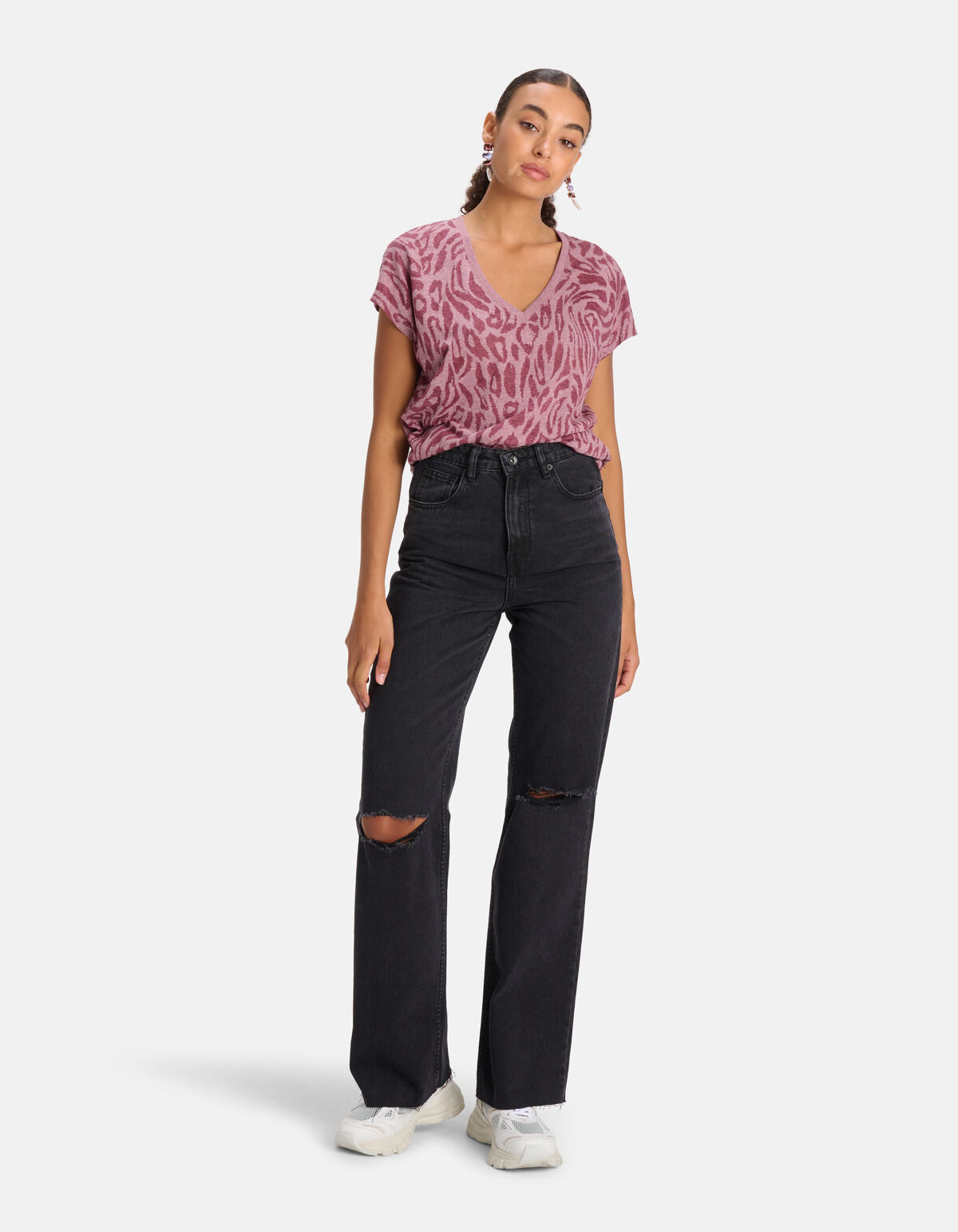 Leopard Print V-hals T-shirt Paars SHOEBY WOMEN
