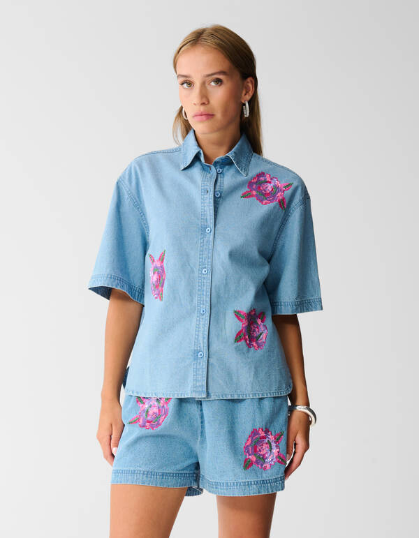 Oversized Denim Sequin Blouse Blauw SHOEBY WOMEN