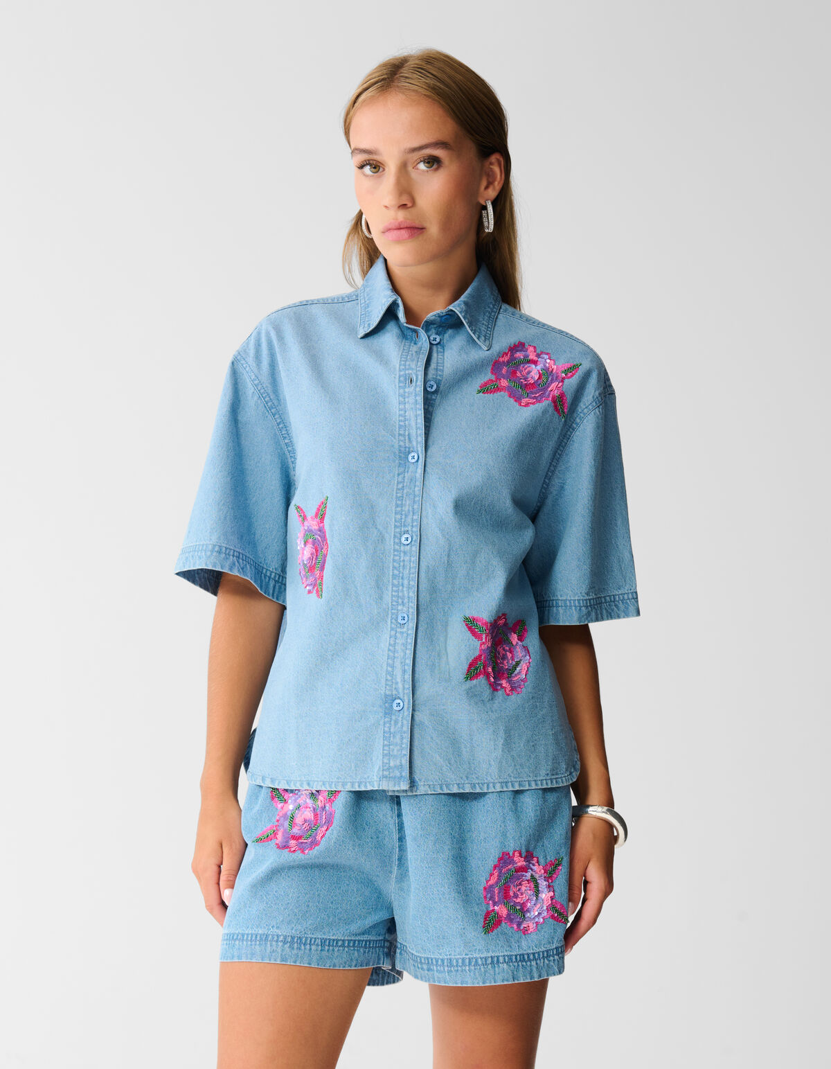 Oversized Denim Sequin Blouse Blauw SHOEBY WOMEN