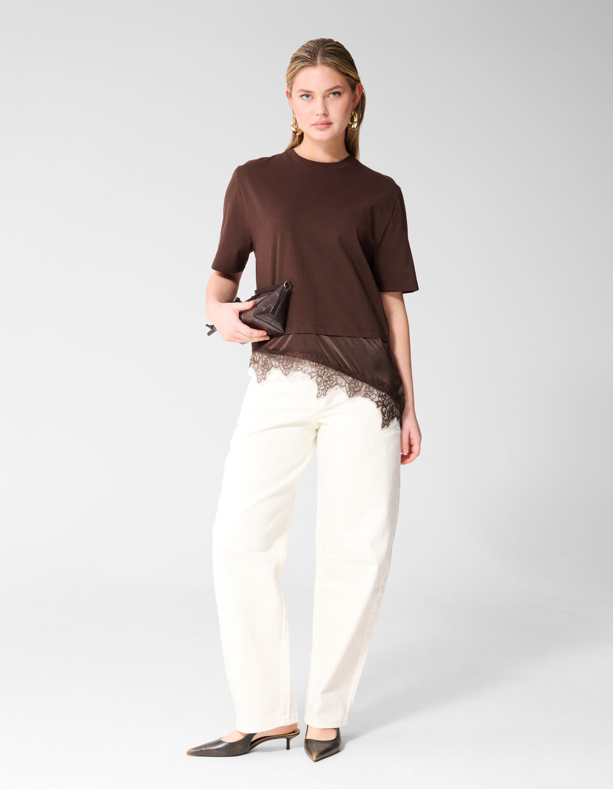 Kanten Satijnen T-shirt Bruin SHOEBY WOMEN