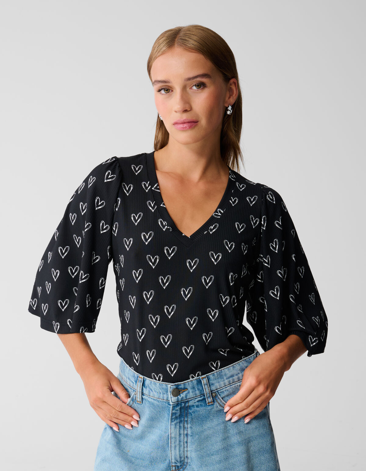 Heart Printed Rib Jersey Top Zwart SHOEBY WOMEN