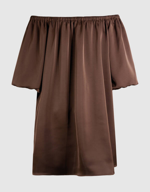 Satijnen Off Shoulder Mini Jurk Bruin By Fred SHOEBY WOMEN