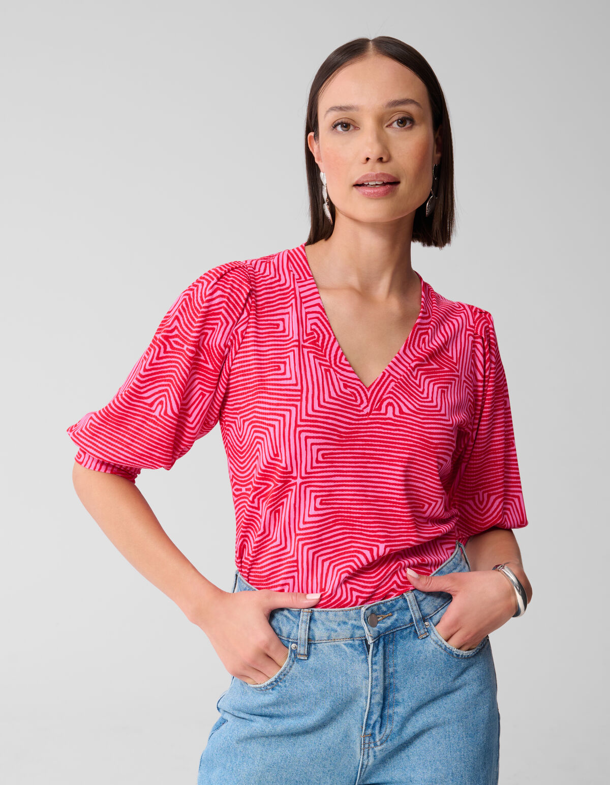 Printed Rib Jersey Top Roze/Rood SHOEBY WOMEN