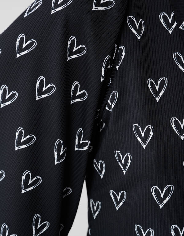 Heart Printed Rib Jersey Top Zwart SHOEBY WOMEN