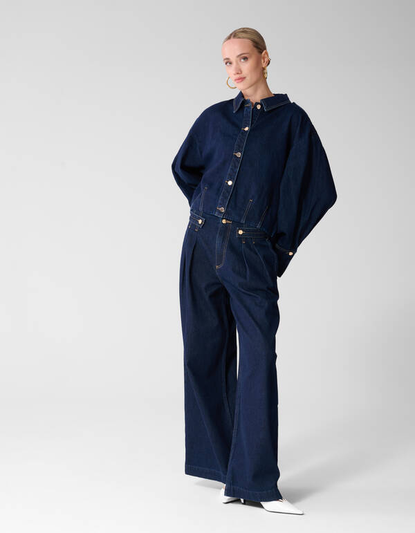 Pleated Button Wide Leg Fit Jeans Donkerblauw SHOEBY WOMEN