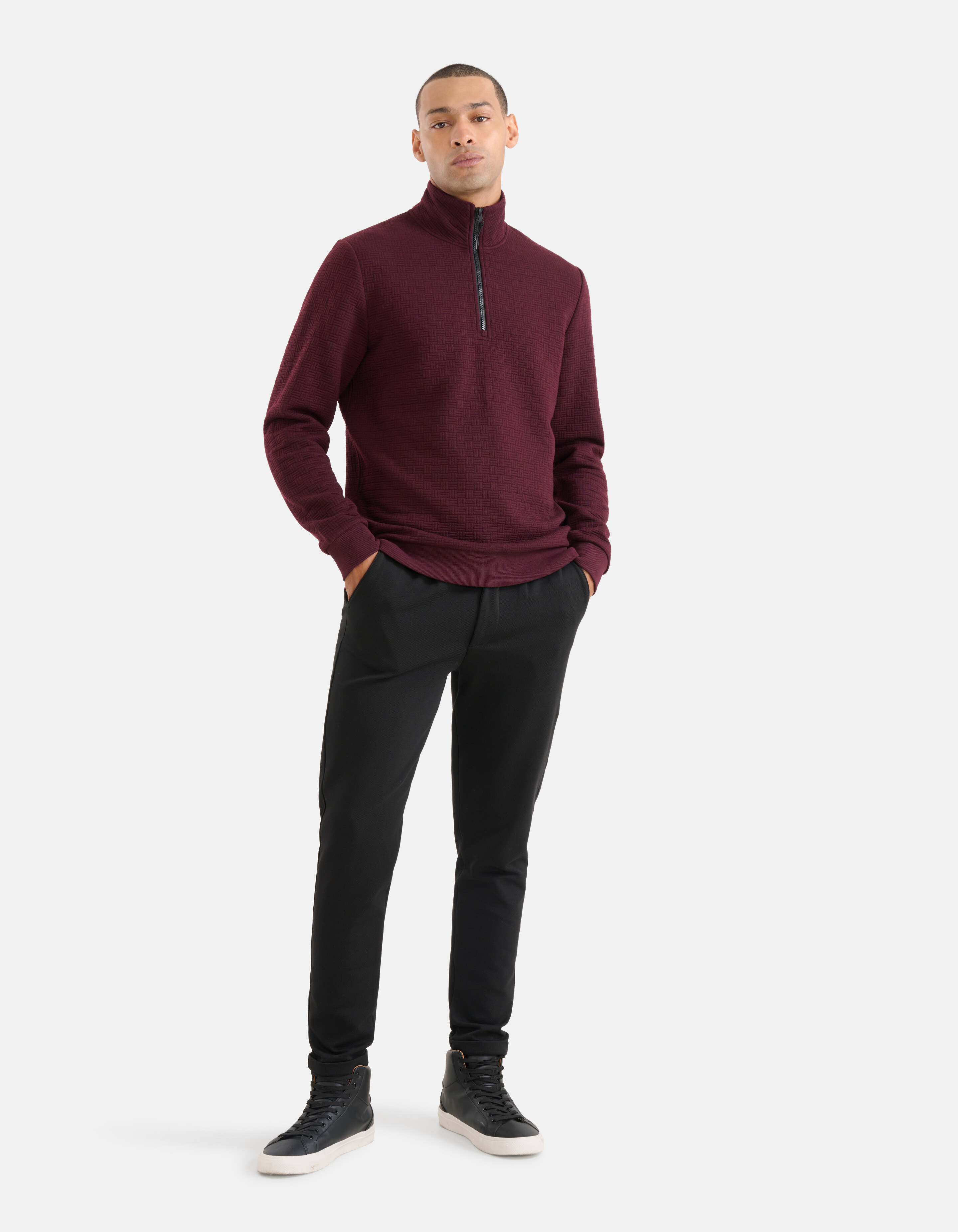 Half Zip Quilted Structuur Sweater Bordeaux SHOEBY MEN