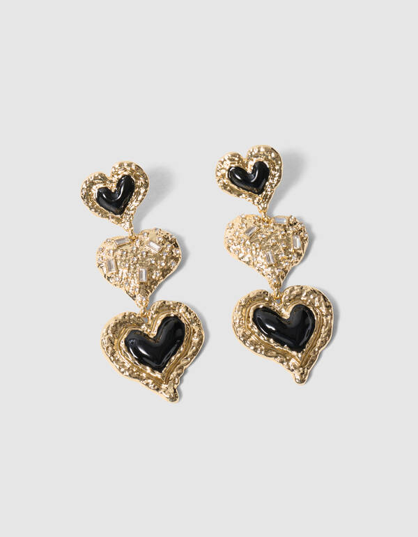 Triple Zwarte Hartjes Oorbellen Goud SHOEBY ACCESSOIRES